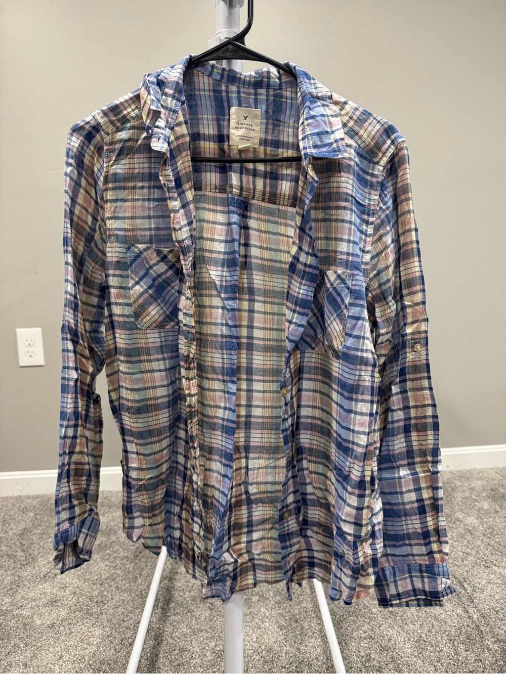 American Eagle Outfitters Vintage Boyfriend Plaid Shirt in Blue, Cream, Tan